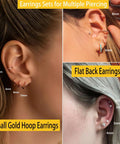 Six Piece Earring Set For Multiple Piercings With Lightweight 14K Gold Plated Tiny Huggie Hoop Earrings And Flat Back CZ Stud Earrings For Cartilage Helix And Lobe Piercings Hypoallergenic And Ear Stack Ready, 6mm-10mm