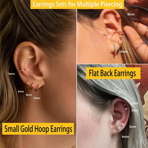 Six Piece Earring Set For Multiple Piercings With Lightweight 14K Gold Plated Tiny Huggie Hoop Earrings And Flat Back CZ Stud Earrings For Cartilage Helix And Lobe Piercings Hypoallergenic And Ear Stack Ready, 6mm-10mm