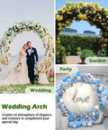 Collage showing a Sturdy Metal Wedding Arch For Outdoor Ceremony And Garden Party Decor 8 Feet Wide 7 Feet High Black Round Frame
