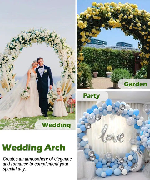 Collage showing a Sturdy Metal Wedding Arch For Outdoor Ceremony And Garden Party Decor 8 Feet Wide 7 Feet High Black Round Frame