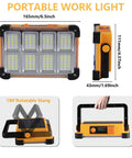Rechargeable Solar Powered 120W LED Work Light with 144 LEDs, dimensions and 180° swivel stand