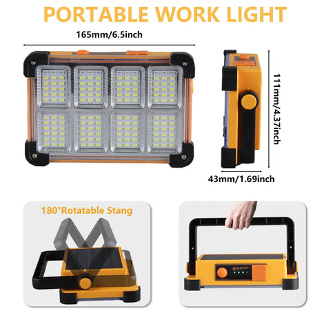 Rechargeable Solar Powered 120W LED Work Light with 144 LEDs, dimensions and 180° swivel stand