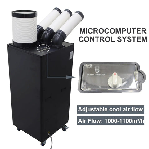 Heavy Duty Industrial Portable Air Conditioner 22500 BTU Mobile Spot Chiller with microcomputer control and adjustable airflow.