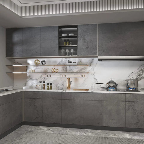 Modern kitchen with 16x118 Inch Dark Grey Concrete Wallpaper Peel And Stick 3D Matte Textured Thick Cement Vinyl Wrap Self Adhesive