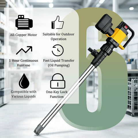 Heavy Duty 1000W Brushless Cordless Electric Drum Pump For Diesel Gas And Fuel Oil Transfer. This Rechargeable 36V Battery Powered Pump With Stainless Steel Tube Is Perfect For Garage Work. Includes Adjustable Speed Control And High Flow Rate To Get The
