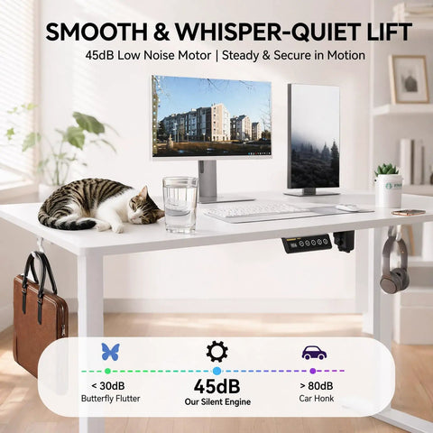 WankaMom Electric Standing Desk With Smooth Silent Lift And 154 Lbs Load Capacity, Premium Carbon Steel Frame with monitors and cat.