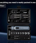 Mini Cordless Electric Screwdriver Set With Precision Bits, 250 RPM Motor, And Bright LED Light in 27pcs black case.