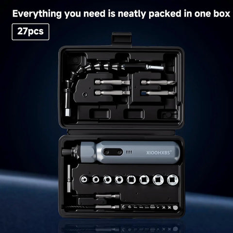 Mini Cordless Electric Screwdriver Set With Precision Bits, 250 RPM Motor, And Bright LED Light in 27pcs black case.