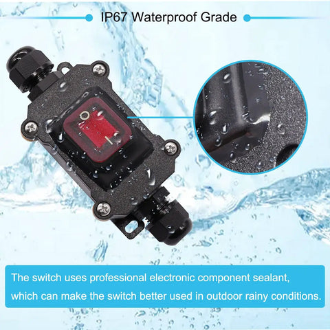 IP67 Waterproof Inline Cord Switch 12V DC 20A DPST 4 Pin Two Position On Off Outdoor Toggle With Red Light Rocker Button, black inline switch with waterproof cable glands