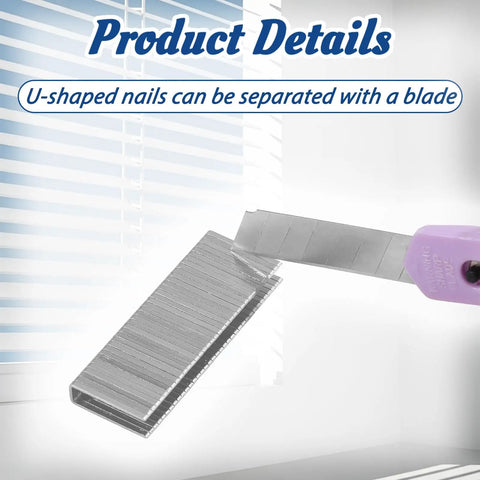 160 Piece Heavy Duty Plantation Shutter Repair Staples Kit U-shaped nails being separated with a blade for easy use.