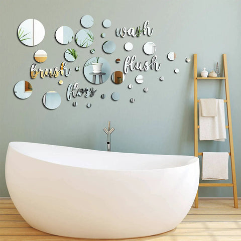 30 Piece Bathroom Wall Decals Set With 3D Round Mirror Stickers Self Adhesive DIY Acrylic Mirror Decor For Home And Bedroom Silver Finish