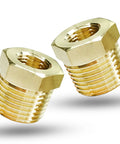 Two brass 3/8-in MNPT to 1/4-in FNPT pipe reducer bushings