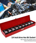Heavy Duty Nine Piece Three Quarter Inch Drive Hex Spline Socket Set Forged From Premium Chrome Molybdenum Steel in red case.