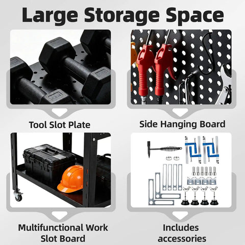 Heavy Duty Steel Welding Shop Beast Built Damn Tough To Crush Two Thousand Pounds 36 X 24 Inch Black Worktable features large storage space with tool slots and accessories.