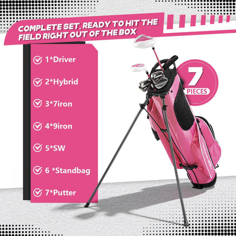 Left Handed Women Golf Clubs Set 7 Piece Complete Deluxe Kit With Driver Hybrid Irons Sand Wedge Putter Stand Bag Pink