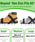 Preassembled Lawn Aerator Shoes for Grass Easy Fit With Adjustable Straps shown in small, medium, large sizes for men and women