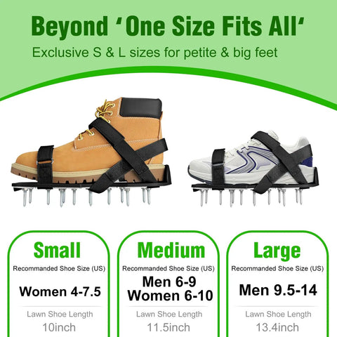 Preassembled Lawn Aerator Shoes for Grass Easy Fit With Adjustable Straps shown in small, medium, large sizes for men and women