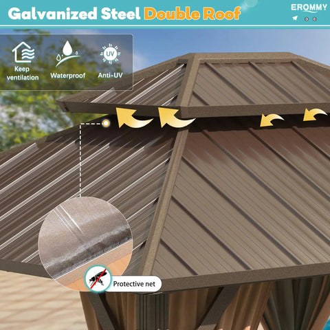Close-up of 10 Foot By 12 Foot Hardtop Gazebo With Aluminum Frame And Galvanized Steel Double Roof showing protective netting.