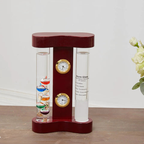 4 In 1 Indoor Weather Station With Glass Galileo Thermometer Fitzroy Storm Glass Precision Quartz Clock And Hygrometer on table
