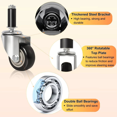 4-pack 3-inch prep table casters with expanding threaded stems; steel bracket, 360° swivel top plate, and ball bearings.