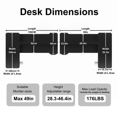 Desk dimensions for L Shaped Electric Standing Desk For Home Office And Gaming 59x40 Inch Reversible Corner Desk with height and weight details.