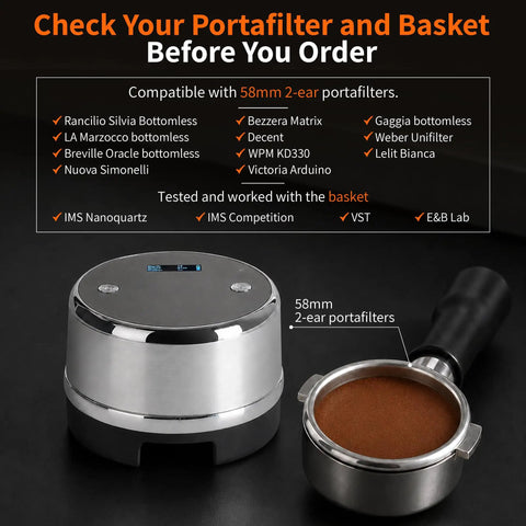 Top Shelf Automatic Espresso Tamper Designed To Hit Different On Every Shot with a 58mm base and digital display for precise use.