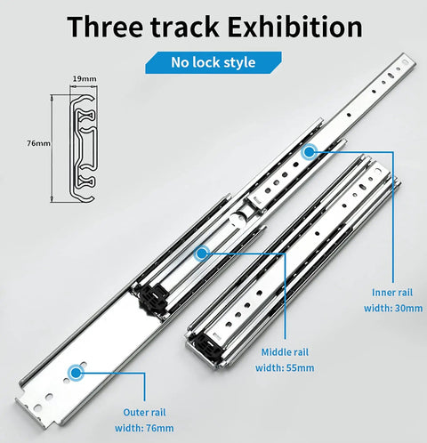 Heavy Duty Full Extension Drawer Slides Equipped With Smooth As Silk Ball Bearings And Built Different Steel Tracks For Quiet Cabinet Gliding And Heavy Lifting Power showcasing three-track design with labeled widths.
