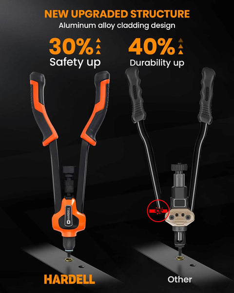 Get Your Hands On This Hardell 16 Inch Rivnut Tool Kit That Lets You Swap Mandrels Effortlessly With Zero Mess And Comes Packed With 110 Solid Nutserts Plus 11 Mandrels For M3 All The Way To M12 Making Any Metal Job A Breeze. Hardell rivnut tool with orange handles on metal sheet