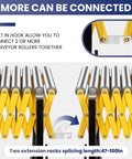 Heavy Duty 50 Inch Extendable Roller Conveyor Table With Steel Frame Loads 1000 Lbs For Warehouse, Workshop And Fulfillment Center Use showing built-in hooks for connecting multiple conveyors.
