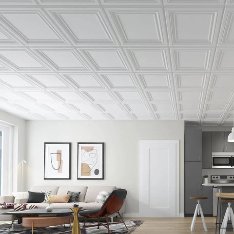 PVC Ceiling Tiles 2x2 White 12 Pack For Drop Ceiling Grids Or Flat Substrates, Lightweight Flexible Plastic Sheets That Will Not Crack, Water And Corrosion Resistant, Safe Recyclable DIY Ceiling Upgrade