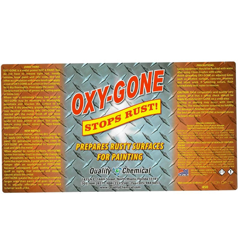 Front view of OXY-GONE rust remover label, 128 oz combo, Quality Chemical brand.