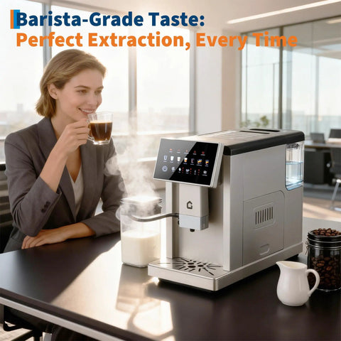 Top Shelf Espresso Coffee Maker With Handy Milk Frother And Adjustable Grinding Blades For Home Baristas Featuring Detachable Milk Tank And Sleek Silver Build, woman enjoying coffee.