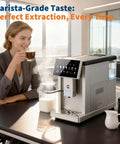 User enjoying coffee from Super Automatic Espresso Maker With Built Conical Burr Grinder And Auto Milk Frother in office setting.
