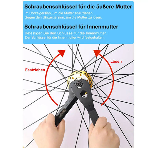 Hands using Ultra Slim Bicycle Cone Wrench Set For Tight Hub Access to adjust rear hub axle nut in clockwise direction.