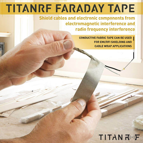 Hands holding TitanRF Faraday Shield Tape 2.5 Inch Wide By 10 Feet Long Heavy Duty Conductive Adhesive Tape For EMI And RF Shielding