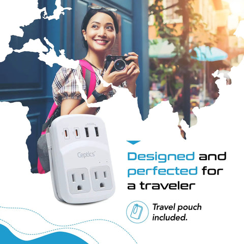 World Travel Adapter Kit With 2 US Outlets 2 USB A Quick Charge 3.0 2 USB C 20W Power Delivery Surge Protection with traveler in background