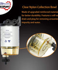 Clear nylon collection bowl on marine outboard fuel filter water separator replacement with three eighths barb and one quarter inch NPT fittings for S3213 and OEM numbers keeps your boat engine running smooth by filtering dirt and rust in a ten micron fuel filter.