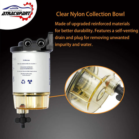 Clear nylon collection bowl on marine outboard fuel filter water separator replacement with three eighths barb and one quarter inch NPT fittings for S3213 and OEM numbers keeps your boat engine running smooth by filtering dirt and rust in a ten micron fuel filter.