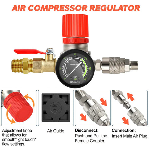 Air Compressor Pressure Switch With Four Way Valve Regulator, 0-180 PSI Adjustable, Safety Relief Valve with gauge and red knob