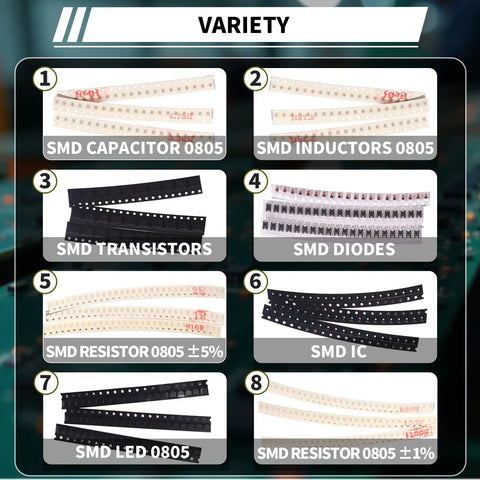 Variety of 6390-Piece SMD 0805 Resistors Capacitors LEDs Diodes ICs Transistors Inductors SMT All-in-One Assortment Kit