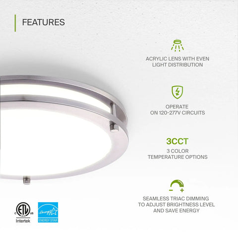 Energy Efficient 18 Inch Round Flush Mount Ceiling Light With Dimmable 3 CCT LED, ETL Listed And Energy Star, acrylic lens