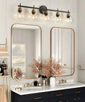 Black Gold Vanity Light Fixtures With Glass Shade 5 Light Wall Sconces Over Mirror Modern Glam Bathroom Lighting setup