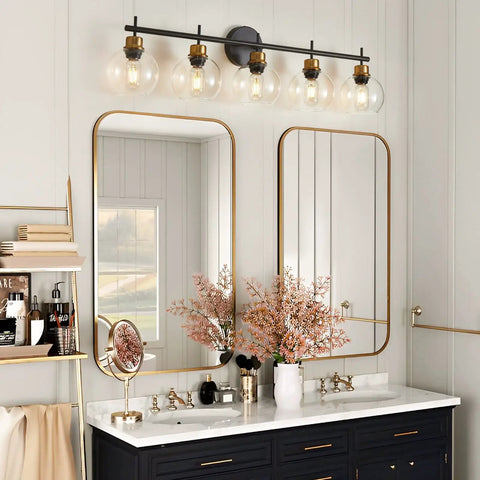 Black Gold Vanity Light Fixtures With Glass Shade 5 Light Wall Sconces Over Mirror Modern Glam Bathroom Lighting setup