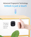 Fingerprint Cabinet Lock Biometric Keyless Privacy For Hidden File Drawers And Wardrobes on a wooden drawer with hand close-up