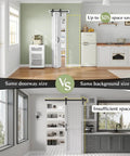 Comparison of spaces using Double 14 Inch Bifold Barn Doors 28 By 84 Inches White with hardware kit and traditional door.