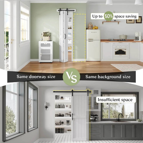 Comparison of spaces using Double 14 Inch Bifold Barn Doors 28 By 84 Inches White with hardware kit and traditional door.