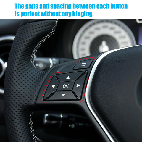 Close-up view of Mercedes Benz Steering Wheel Button Cover Replacement For A Class W176 B Class W246 C Class W204 Black