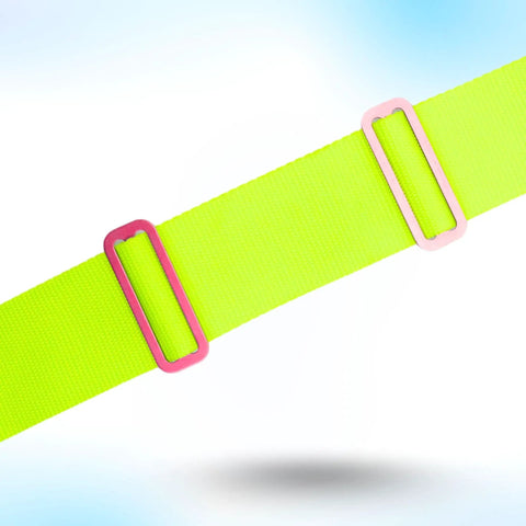 Aluminum Webbing Weight Belt Keeper Set Of 2 For 2 Inch Diver Belts Pink Pair Of Dive Gear Clamps on neon green strap.
