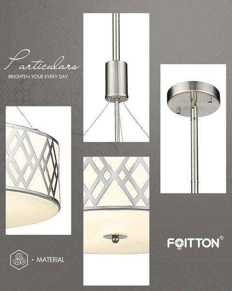 18 Inch Three Light Drum Chandelier Pendant Light With Adjustable Height In Brushed Nickel Finish, Sleek Acrylic Shade