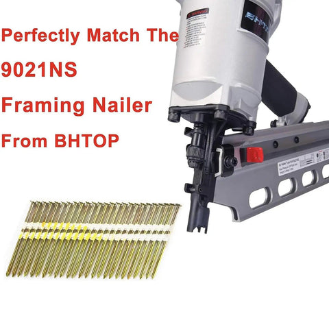 9021NS framing nailer with Three Inch Framing Nails For Tough Wood Framing Jobs, 21 Degree EG Smooth Shank, 3 x.131 inch